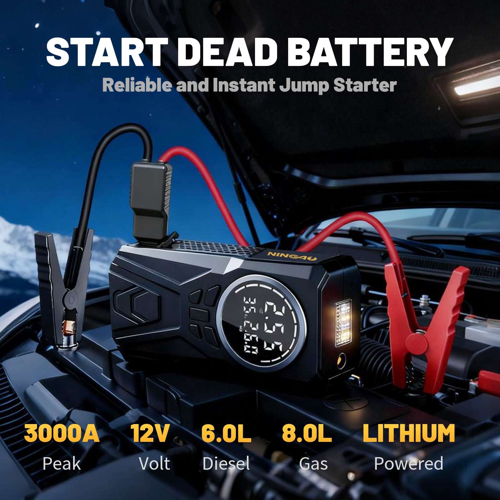 Démarreur de batterie de voiture 3000 A, compresseur d'air portable 150 PSI, gonfleur de pneus, lampe LED multifonction, booster de batterie pour démarreur de voiture