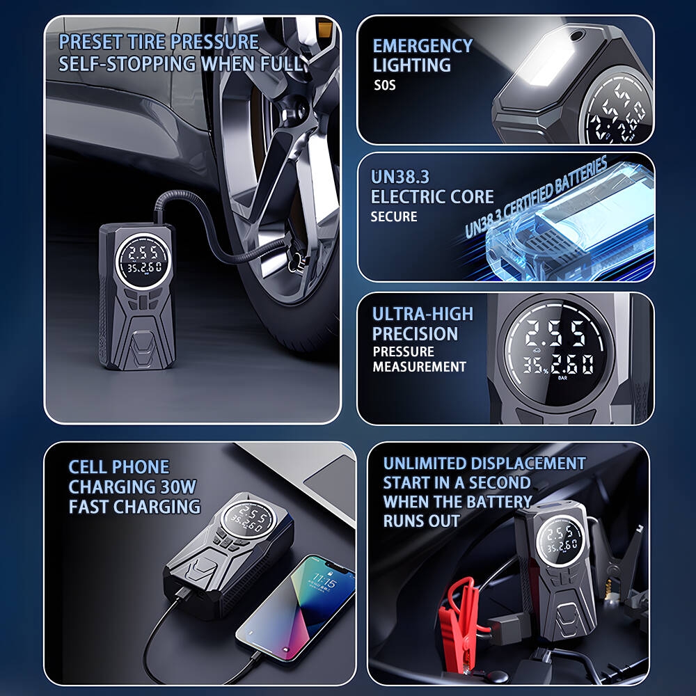 Démarreur de batterie de voiture 3000 A, compresseur d'air portable 150 PSI, gonfleur de pneus, lampe LED multifonction, booster de batterie pour démarreur de voiture