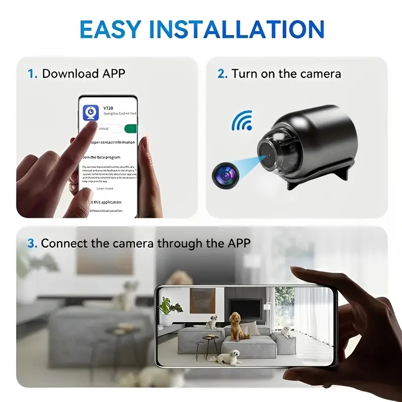 1 mini caméra micro avec 480p pixel,   wifi,   un support pour une vision et un monitoring  , adapté à une utilisation intérieure dans  ,  , la voiture,   contrôlé via une application mobile   cadeau   détails 2