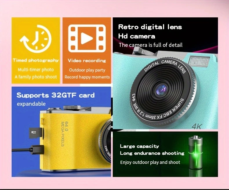 caméra ccd rétro 4k hd - double caméra   et arrière, appareil photo numérique portable pour étudiants, multicolore, cadeau idéal pour les passionnés de photographie détails 2