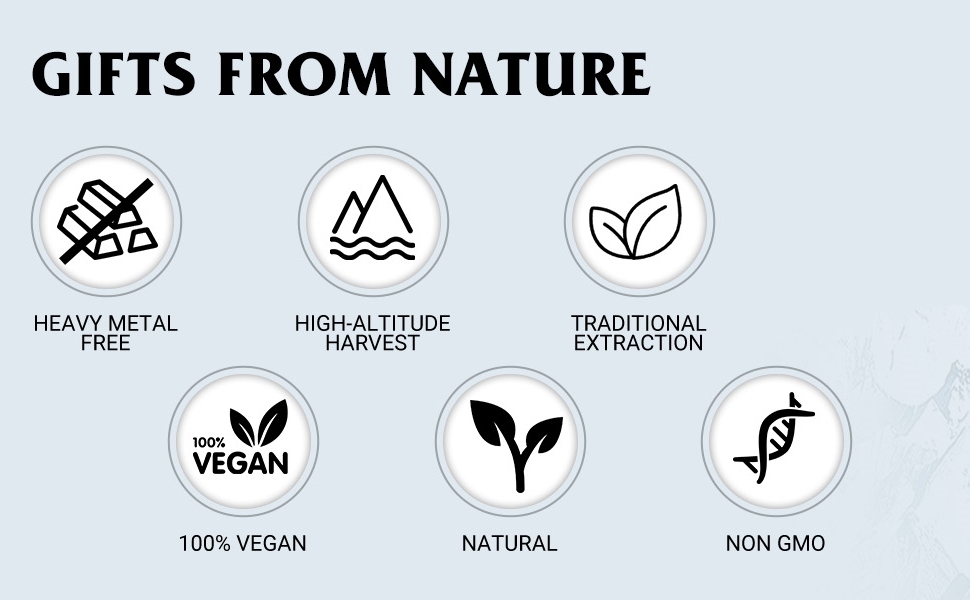 Six icônes circulaires affichant les caractéristiques du produit : sans métaux lourds, récolte en haute altitude, extraction traditionnelle, 100 % végétalien, naturel et sans OGM