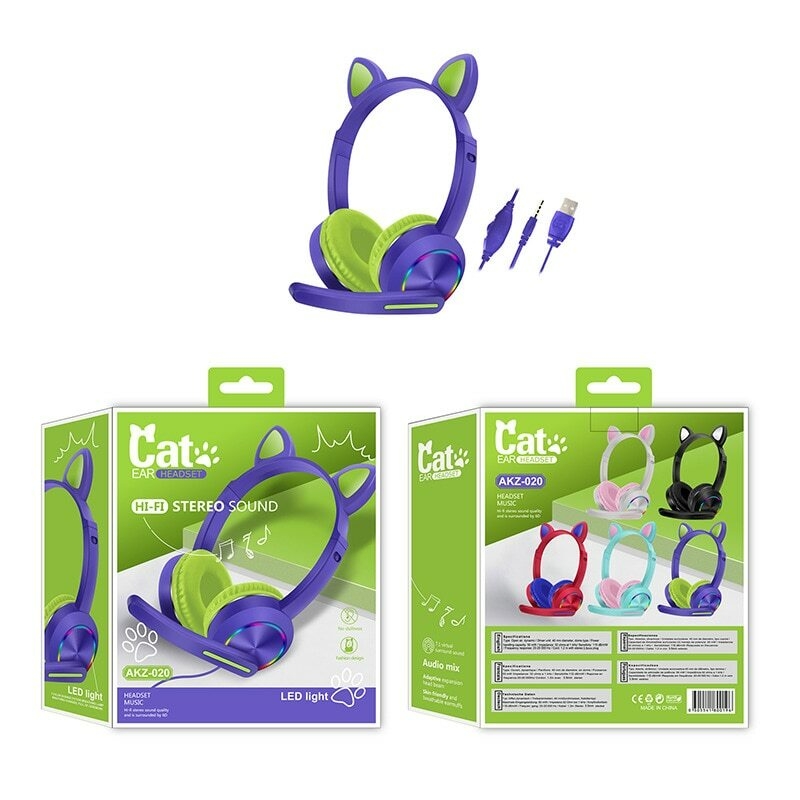 Casque Bluetooth sans fil Cute Cat, casque gamer avec microphone et câble  audio et LED RVB lumineuse