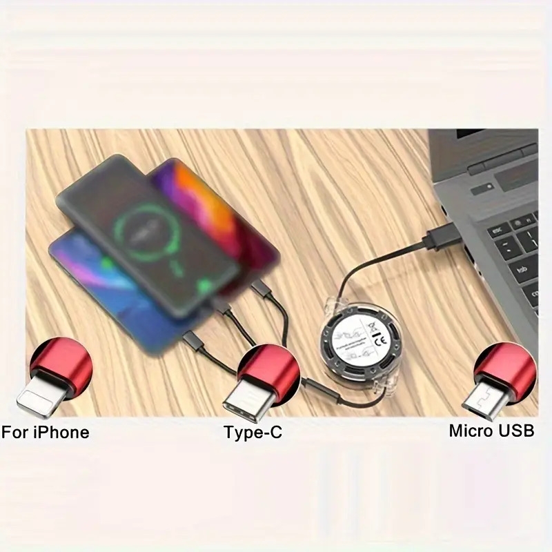 câble de chargement usb 3-en-1 - compatible avec les appareils iphone, type-c et micro usb. un chargeur portable adapté pour iphone 14, 13, 12, 11 pro max et compatible avec samsung galaxy s24, s23 ultra, s22, s21, s20+,   que honor, realme et xiaomi. détails 3