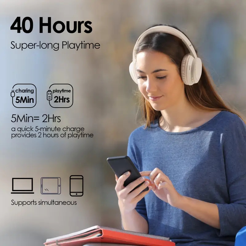 casque sans fil over-ear, 40 durée de jeu et 3 de musique 3eq, casque sans fil avec microphone, casque pliable hifi stereo, basses profondes pour maison bureau téléphone portable pc 5