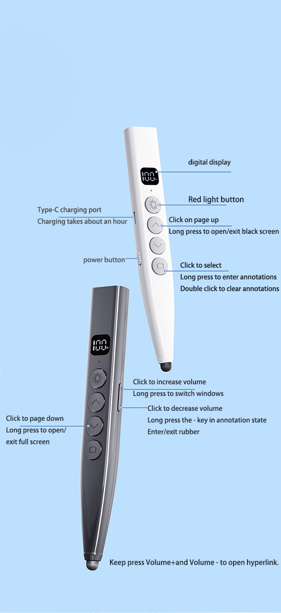 Présentateur sans fil à charge RF 2.4G avec fonction d'écriture, niveau de batterie, effacement en une touche pour réunion conférence d'enseignement