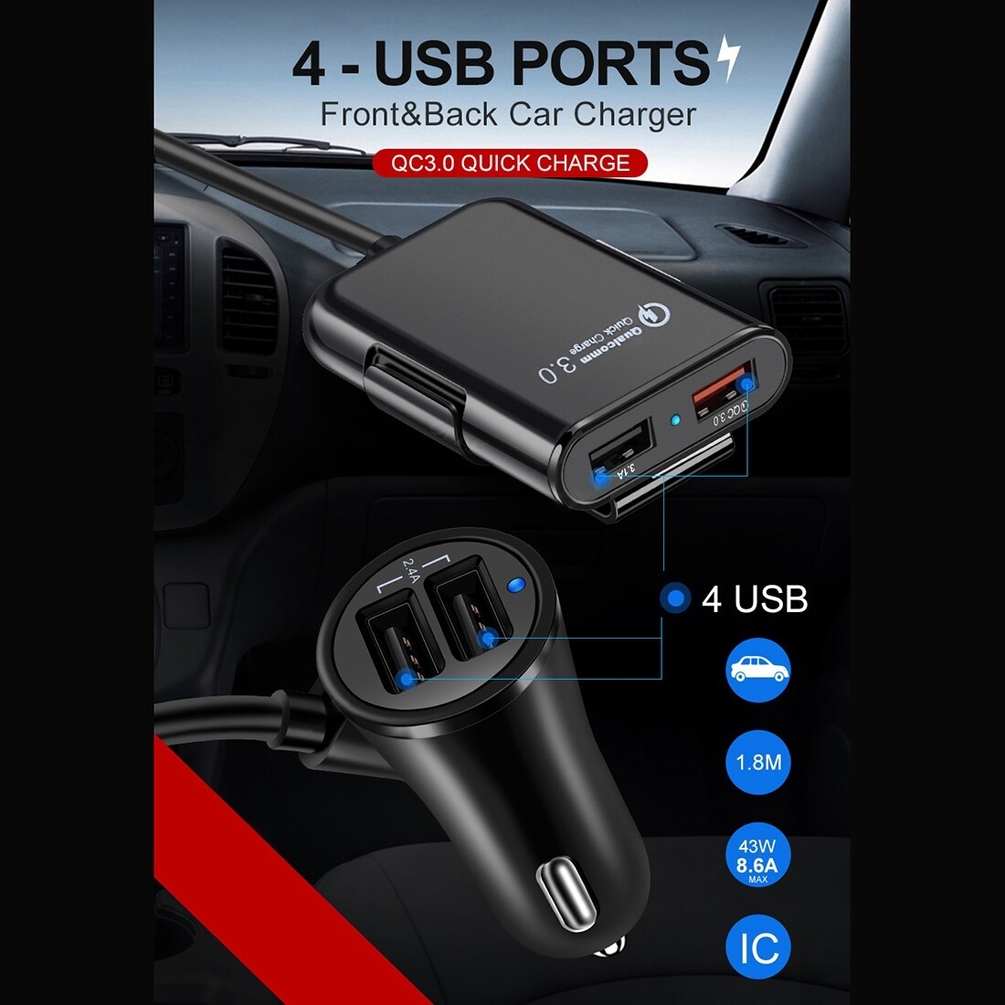 HMQ-C801 Chargeur de voiture USB 1,8 m 8A Max 4 ports avec concentrateur USB extensible pour le chargement des sièges avant et arrière (noir) HMQ-C801 Chargeur de voiture USB 1,8 m 8A Max 4 ports avec concentrateur USB extensible pour le chargement des sièges avant et arrière (noir)