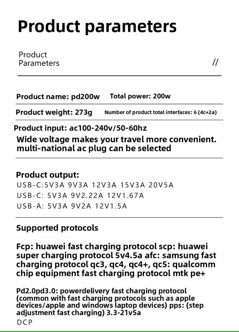 Chargeur de bureau 200W GaN USB-A * 2 + USB C * 4 adaptateur de chargeur de voyage multi-ports 6 ports QC3.0 PD 100W charge rapide pour ordinateur portable