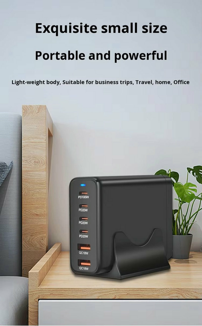 Chargeur de bureau 200W GaN USB-A * 2 + USB C * 4 adaptateur de chargeur de voyage multi-ports 6 ports QC3.0 PD 100W charge rapide pour ordinateur portable