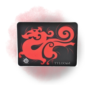 Series of black wallets or cases featuring bold red decorative swirl patterns against black background.