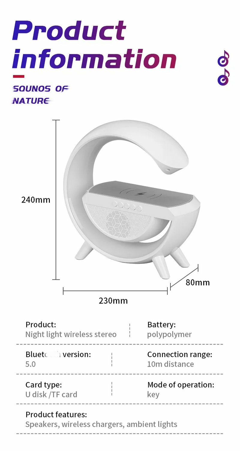 Multifunctional 15W Fast Wireless Charger Rgb Light G Shaped 5W 2 Type-c Fast Control Time Table Alarm Clock wireless BT Speaker