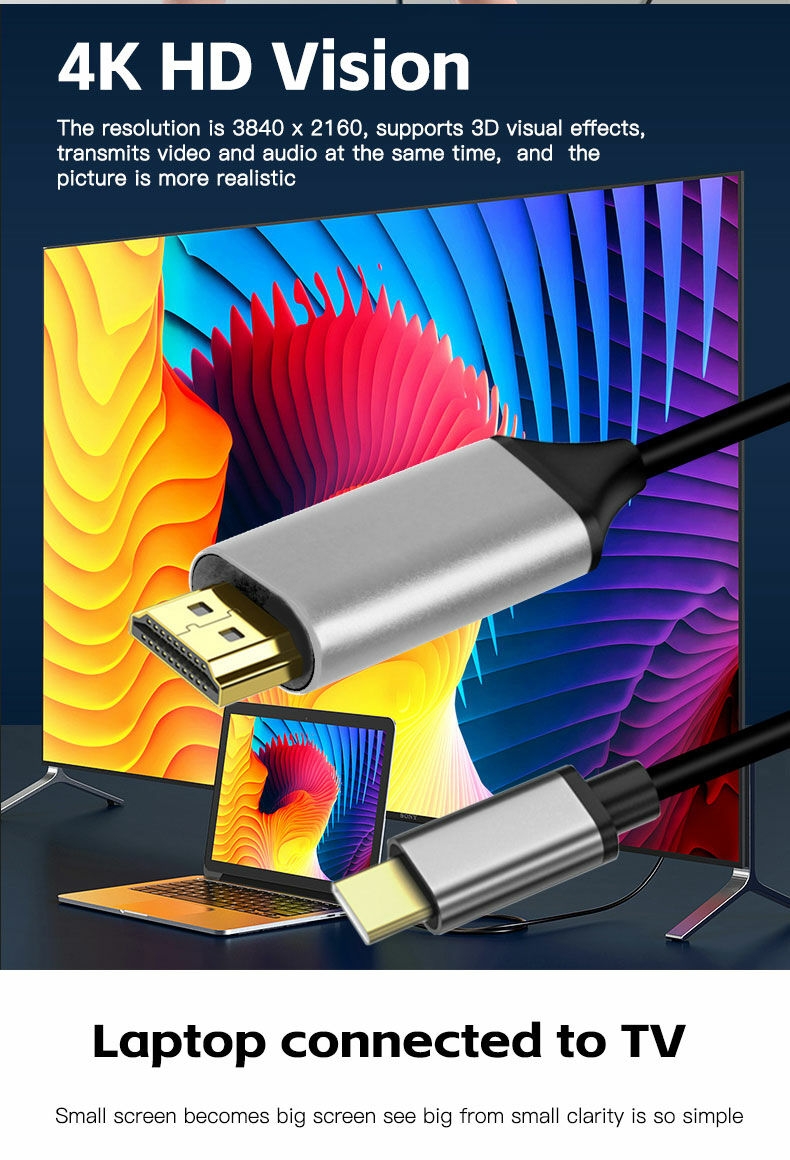 Haute qualité USB 3.1 1.4V 4K 30hz USB C vers HDMI, câble de type C vers Hdmi pour connecter le téléphone portable à la télévision 1.8M