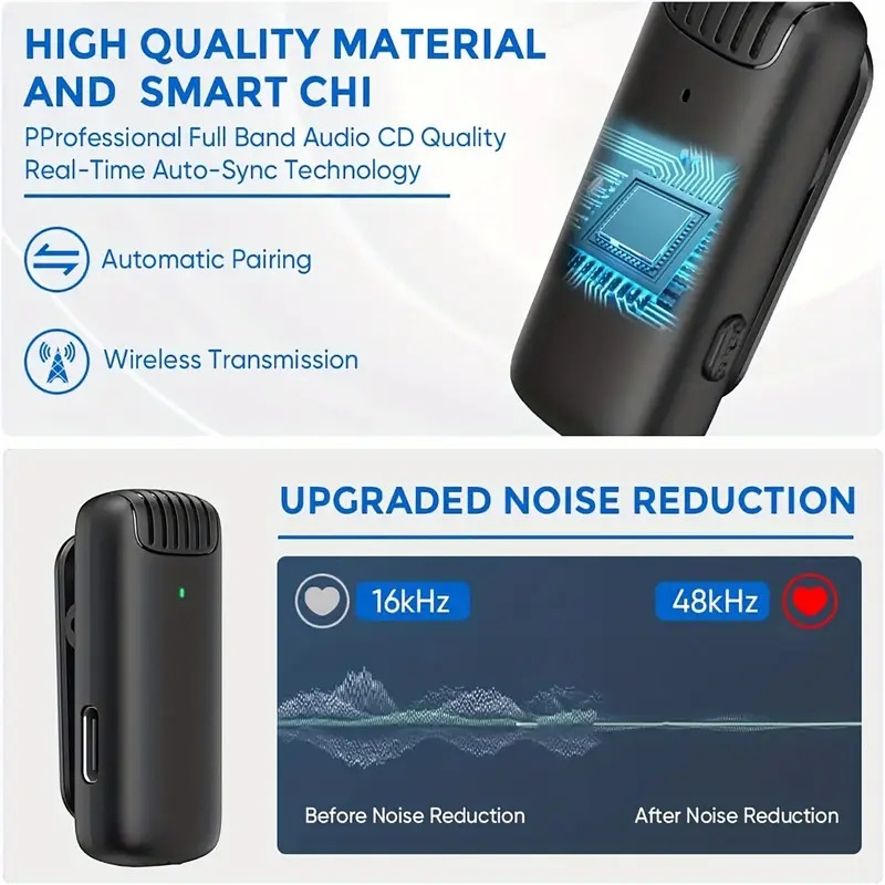 microphone lavalier professionnel   fil 2-en-1 avec étui de charge -  , synchronisation automatique pour enregistrement vidéo, vlogging, streaming en direct - réduction de bruit,   de 65ft, compatible avec téléphones/ /ordinateurs portables détails 2