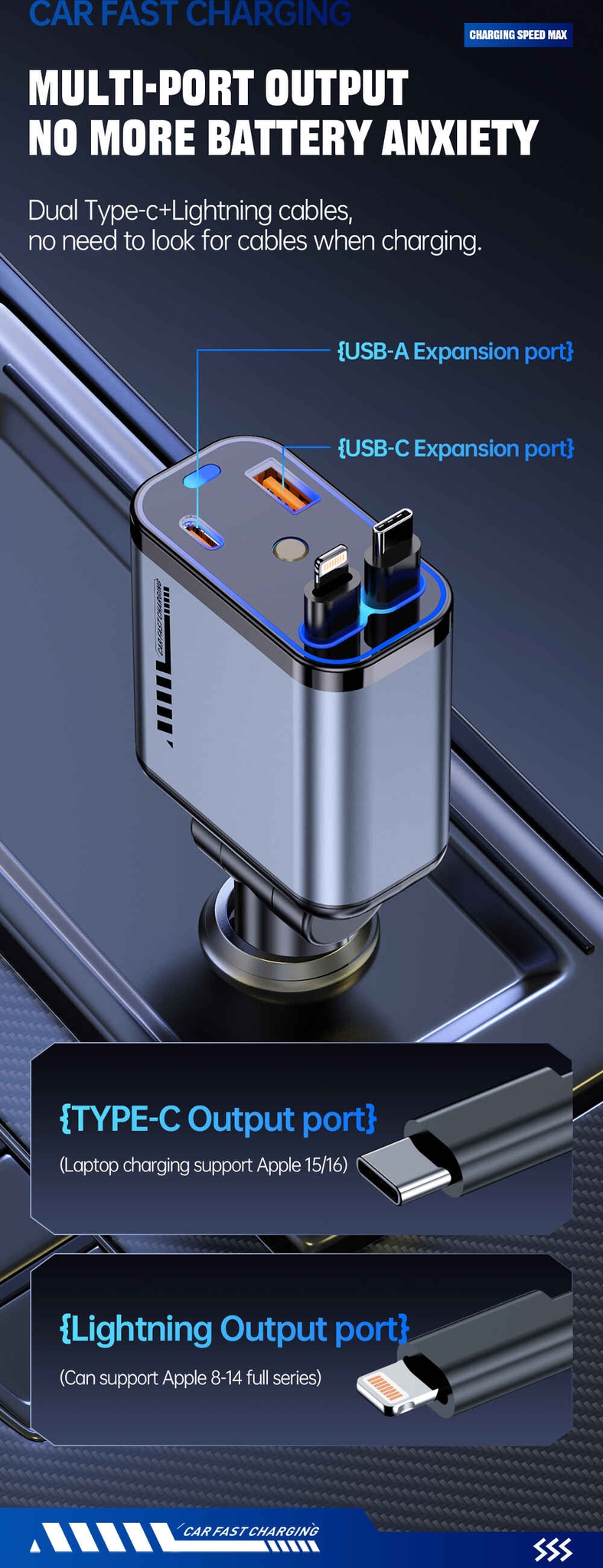 Chargeur de voiture rétractable Starlight 5 en 1, chargeur de téléphérique rétractable, chargeur de téléphone de voiture rétractable multifonction pour iPhone