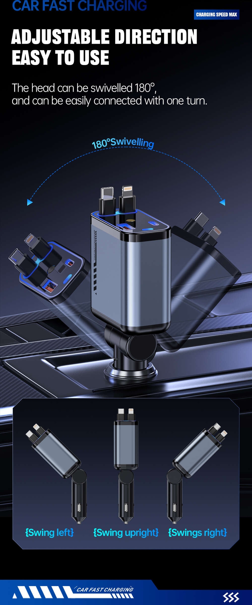 Chargeur de voiture rétractable Starlight 5 en 1, chargeur de téléphérique rétractable, chargeur de téléphone de voiture rétractable multifonction pour iPhone