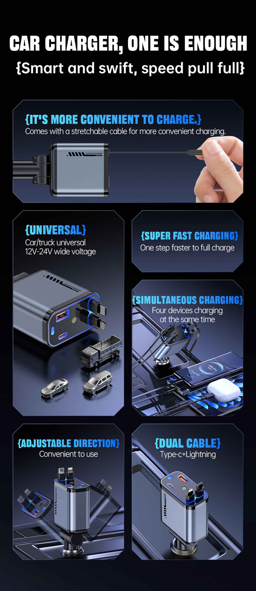 Chargeur de voiture rétractable Starlight 5 en 1, chargeur de téléphérique rétractable, chargeur de téléphone de voiture rétractable multifonction pour iPhone