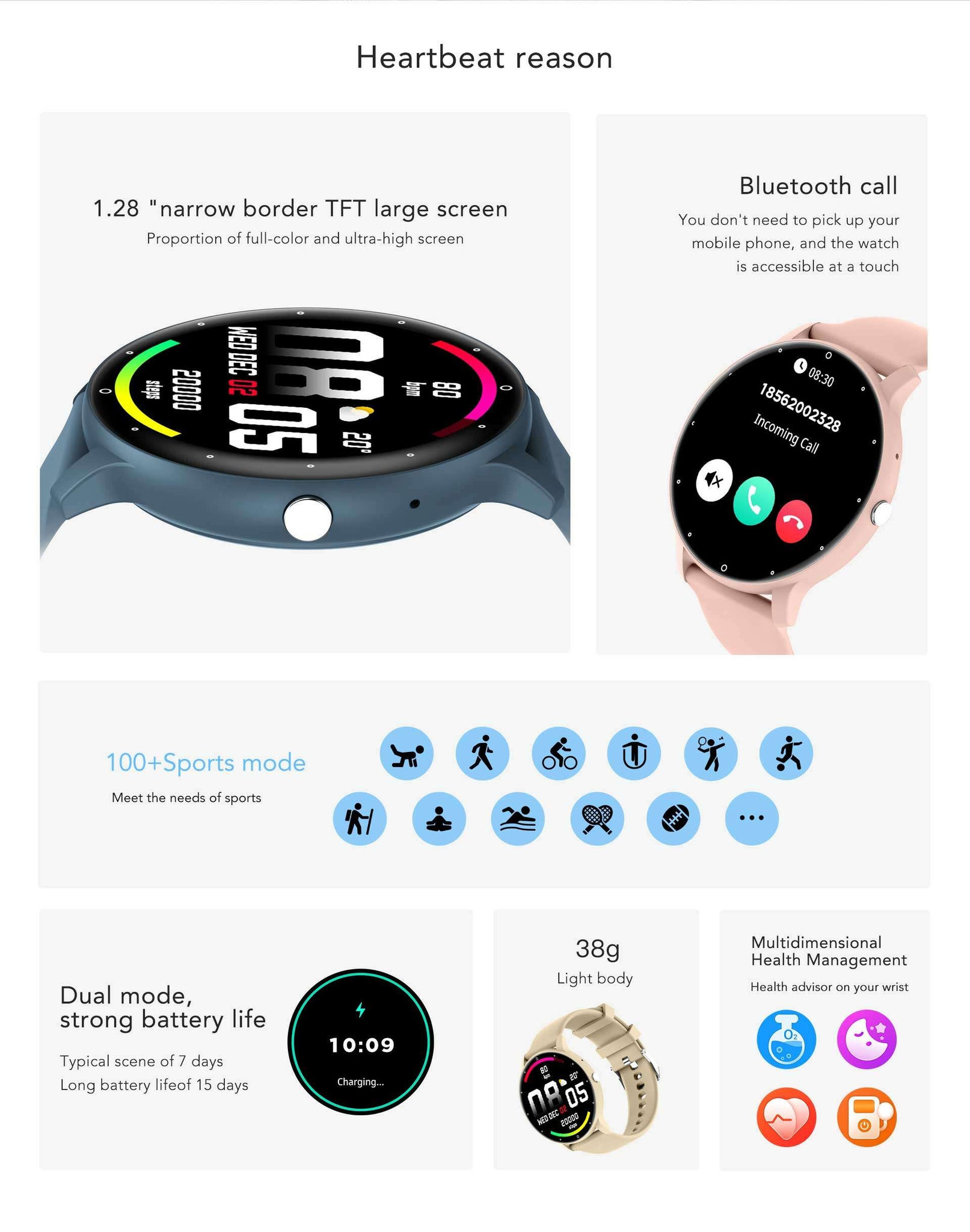 Smartwatch Homme Montre Connectée Sport 44mm étanche Noir Android/iOS