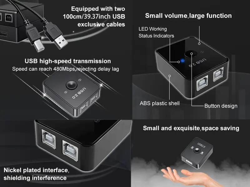 commuteur usb 2.0 partagé avec led,  , souris, imprimante, scanner, appareil photo,  ., avec 2 câbles dimpression usb de 1 mètre, compatible avec    + Détails du produit 1