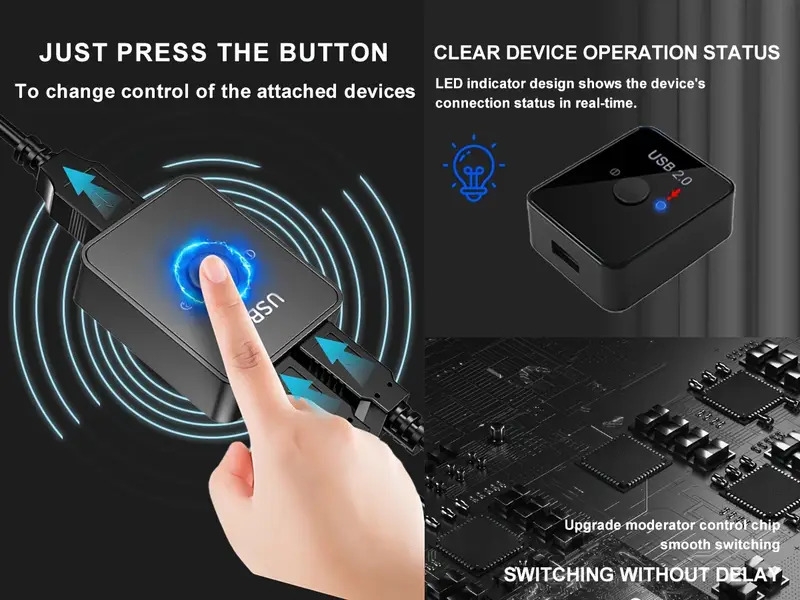 commuteur usb 2.0 partagé avec led,  , souris, imprimante, scanner, appareil photo,  ., avec 2 câbles dimpression usb de 1 mètre, compatible avec    + Détails du produit 3
