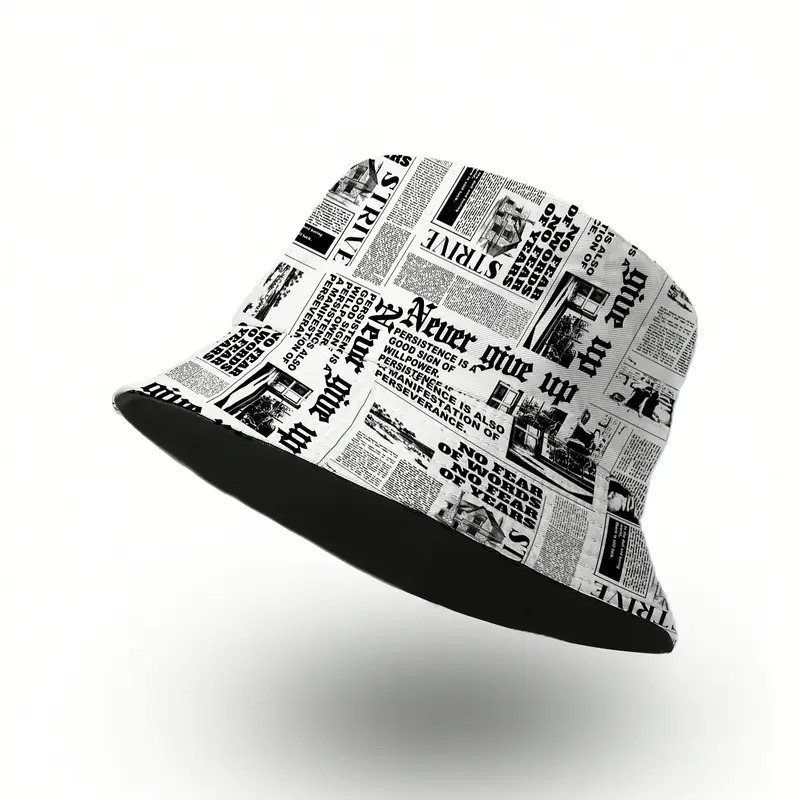 chapeau   reversible à imprimé journal - casquette de protection solaire en polyester original pour hommes et femmes,   pour couples avec typographie vintage, chapeau de soleil 5