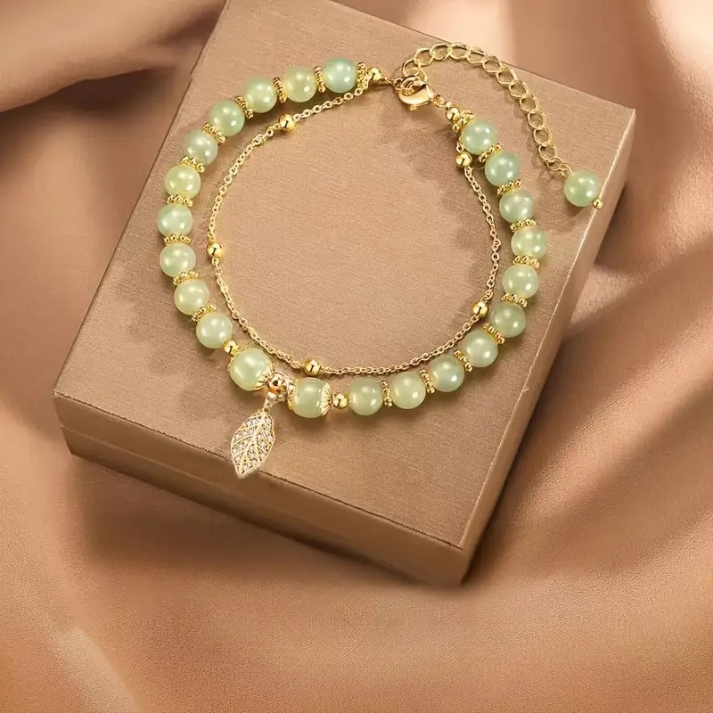 1pc bracelet double couche   vintage boho avec pendentif feuille, bijoux artisanaux pour femmes, parfait pour   & les fêtes, cadeau idéal pour la saint-valentin détails 3