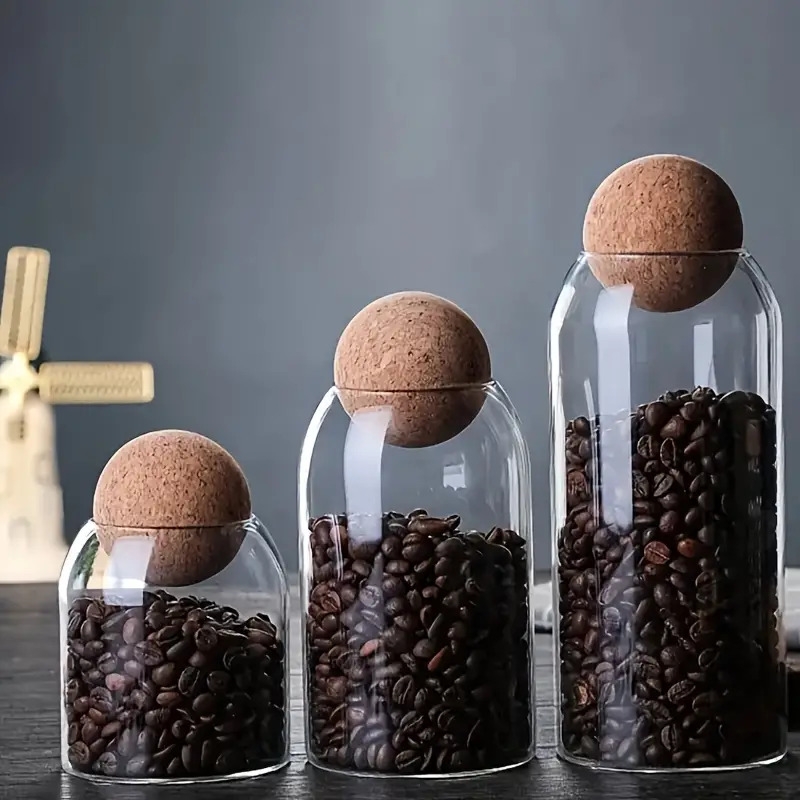 3pcs Distributeurs De Nourriture, Récipients De Stockage De Nourriture En Verre Avec Couvercles En Liège Scellés, Bocaux Scellés Ronds Transparents Pour Les Grains, Les Noix, Le Thé Et Les Grains De Café, Organisateurs Et Rangements De Cuisine, Accessoires De Cuisine détails 2