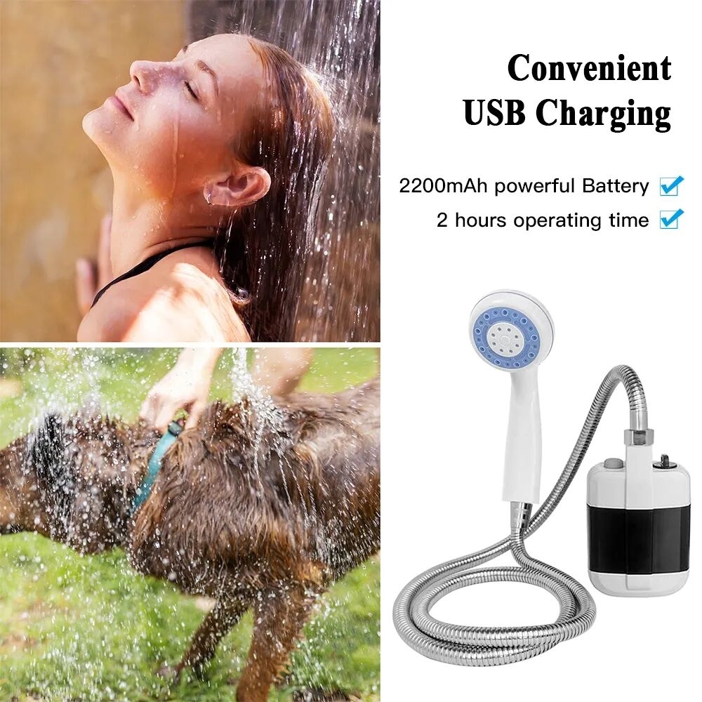 Douche de camping rechargeable par USB Pommeau de douche portable pour l'extérieur Pompe de bain 3.7V 4,9 pieds pour la plage, la plage, les voyages et la randonnée