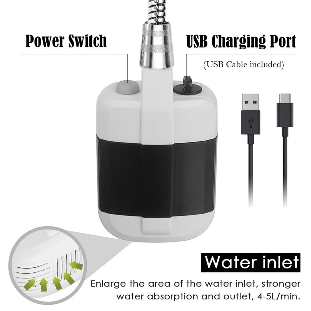 Douche de camping rechargeable par USB Pommeau de douche portable pour l'extérieur Pompe de bain 3.7V 4,9 pieds pour la plage, la plage, les voyages et la randonnée