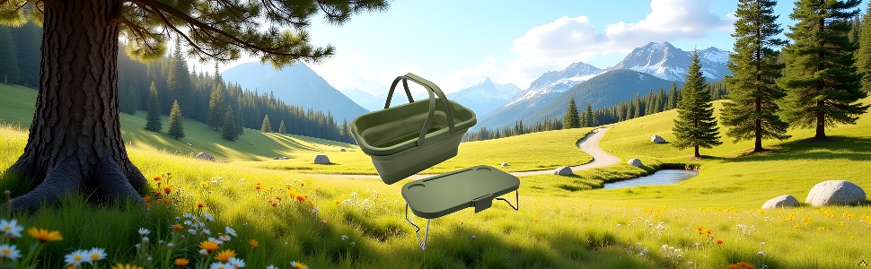 A picnic blanket spread out on a grassy field with a wicker basket and a few wildflowers around the 