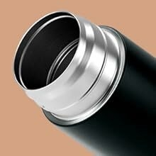 Close-up of a sleek, cylindrical object with a black body and silver metallic end, possibly a thermos or water bottle.