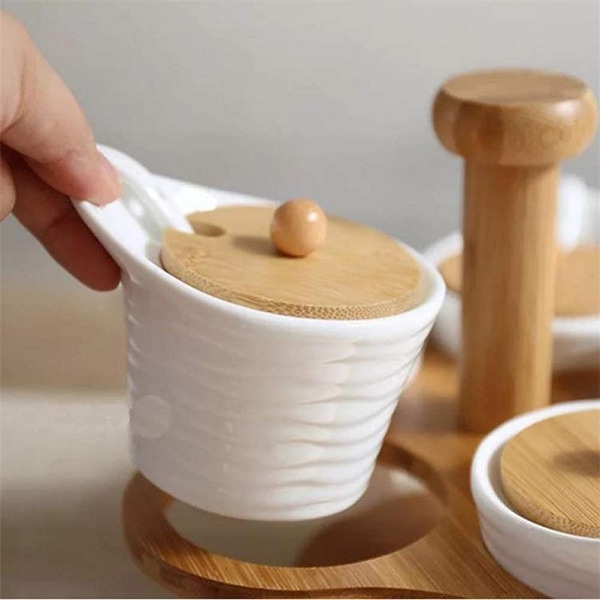 Lot De 5 Pots A Épices En céramique Avec Support Et couvercles En Bambou + 5 Cuillères