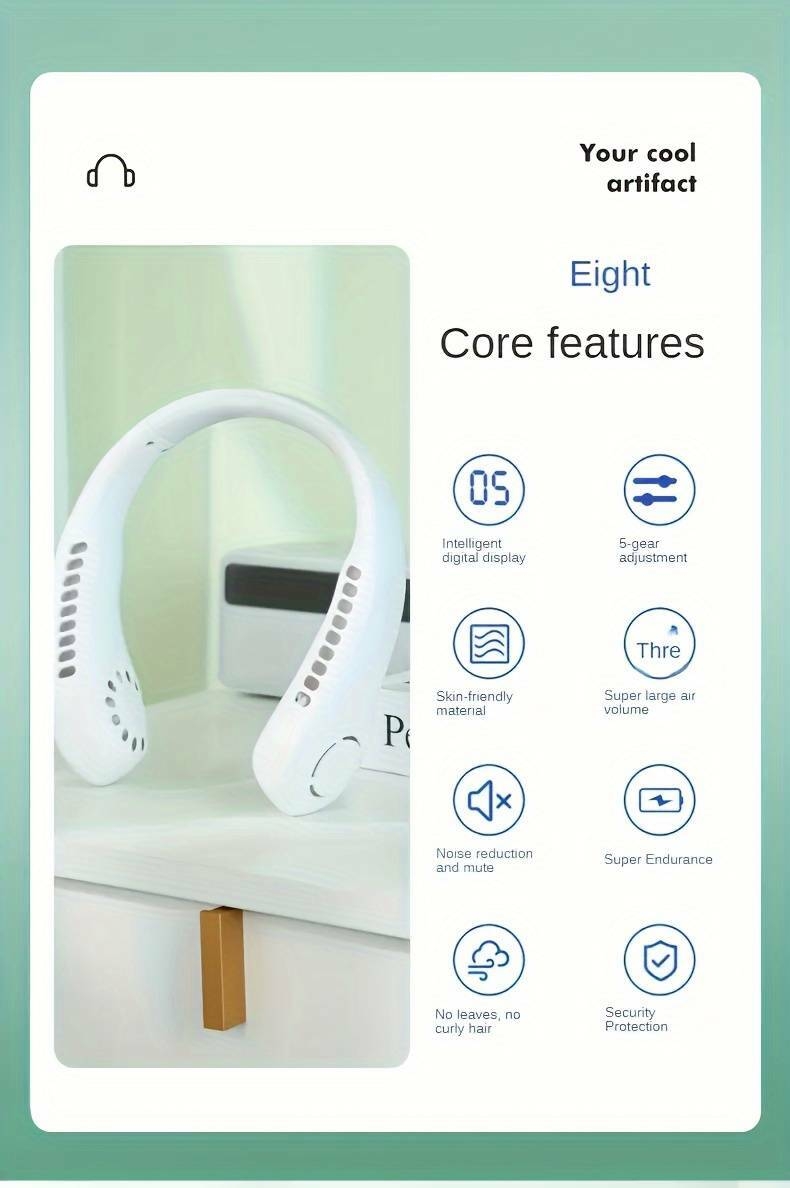 Un Ventilateur De Cou Portable Avec Chargement USB, Un Ventilateur De Refroidissement Portable À Porter, 5 Vitesses Réglables, Un Refroidisseur Dair De Cou Avec Affichage Numérique Sans Lame, Un Ventilateur Portable Cool, Des Fournitures Scolaires, Un Cadeau Parfait Pour Anniversaire/Noël, Pêche/camping/voyage. détails 1