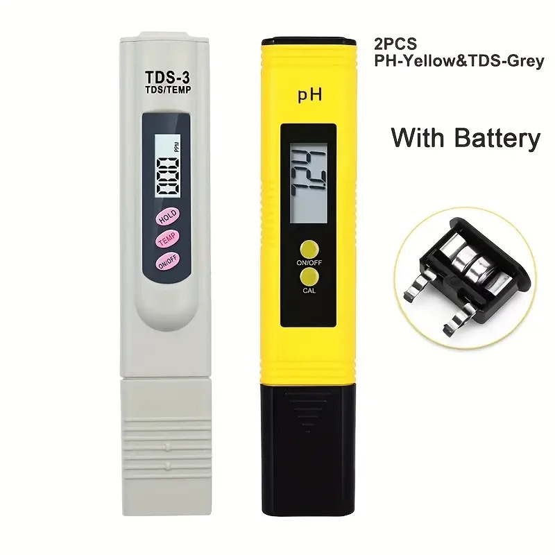 2pcs stylos testeurs de qualité   numériques - ph & tds, plage 0-9999 ppm, affichage lcd, fonctionne sur piles, blanc & jaune, mesure la   de leau pour eau potable, piscine ou spa, testeurs   pour surveillance du spa, design ergonomique, mesure précise détails 8
