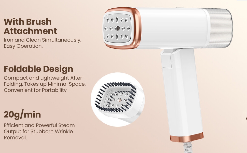 Le texte indique « Conception pliable », « 20 g/min ». Spécifications techniques du produit présentant les caractéristiques de conception d'un appareil électronique avec accessoire de brosse.