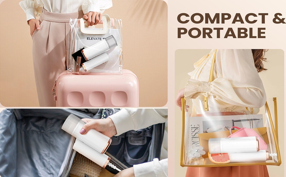 Le texte indique « COMPACT ET PORTABLE ». Plusieurs images montrent un produit rose plié et rangé dans différentes positions.