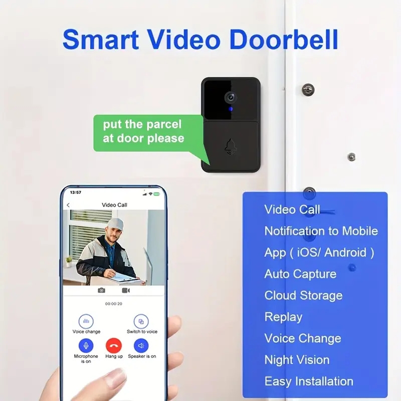 caméra de porte wifi intelligente avec sonnette   fil - enregistrement vidéo hd, vision  , audio bidirectionnel,   détection de mouvement, charge usb/batterie double, compatible pour sécurité   et cadeaux de fêtes (noir) Détails du produit 2
