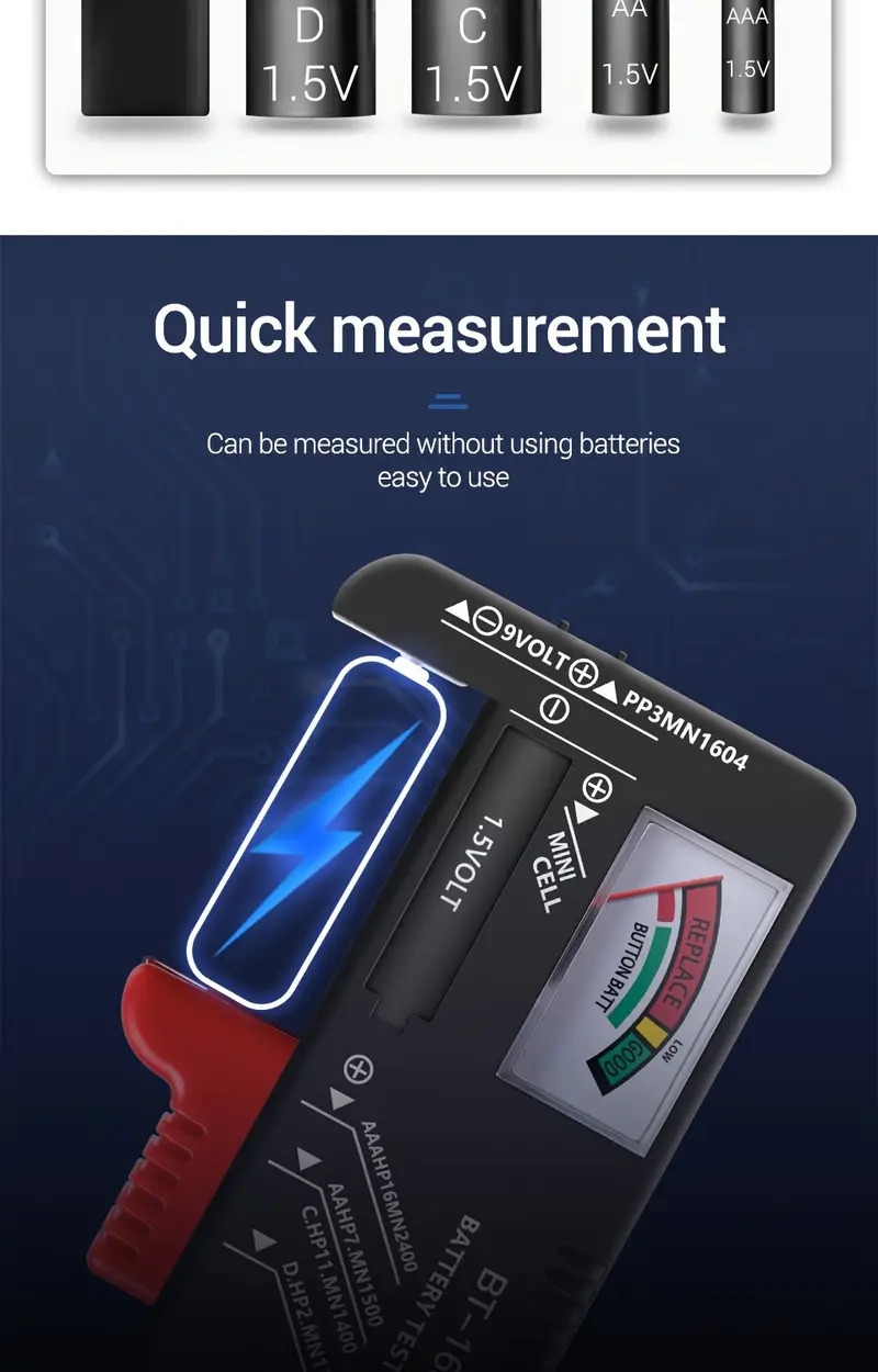   de batterie lithium numérique   an-168 pro - vérificateur de   9v/1.5v avec affichage facile à lire pour piles aa, aaa, c, d, 9v - abs durable, test rapide et précis, pas dalimentation requise, vérificateur détat de santé de la batterie|  daffichage numérique|matériau abs durable Détails du produit 3