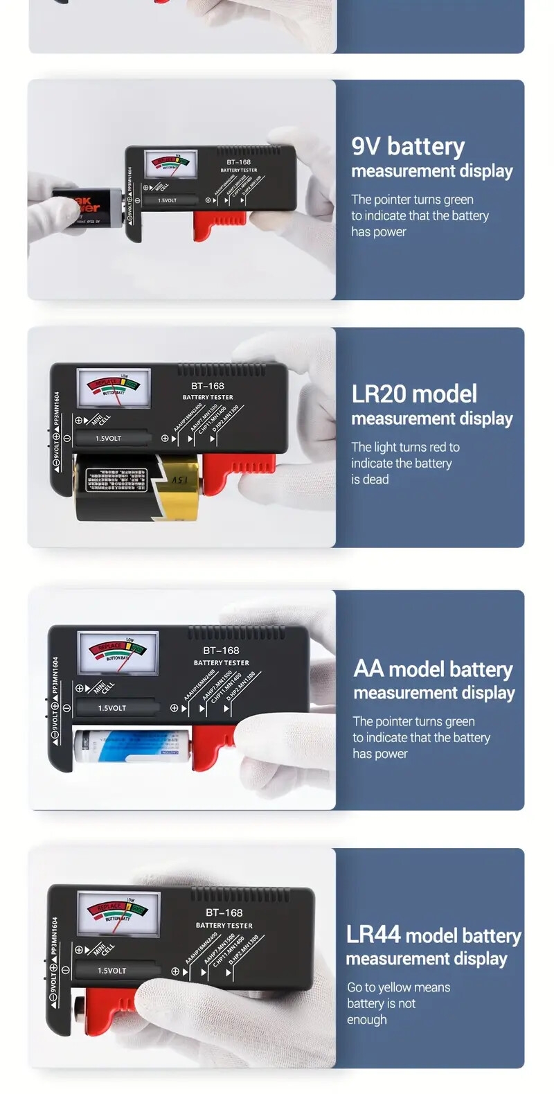   de batterie lithium numérique   an-168 pro - vérificateur de   9v/1.5v avec affichage facile à lire pour piles aa, aaa, c, d, 9v - abs durable, test rapide et précis, pas dalimentation requise, vérificateur détat de santé de la batterie|  daffichage numérique|matériau abs durable Détails du produit 7