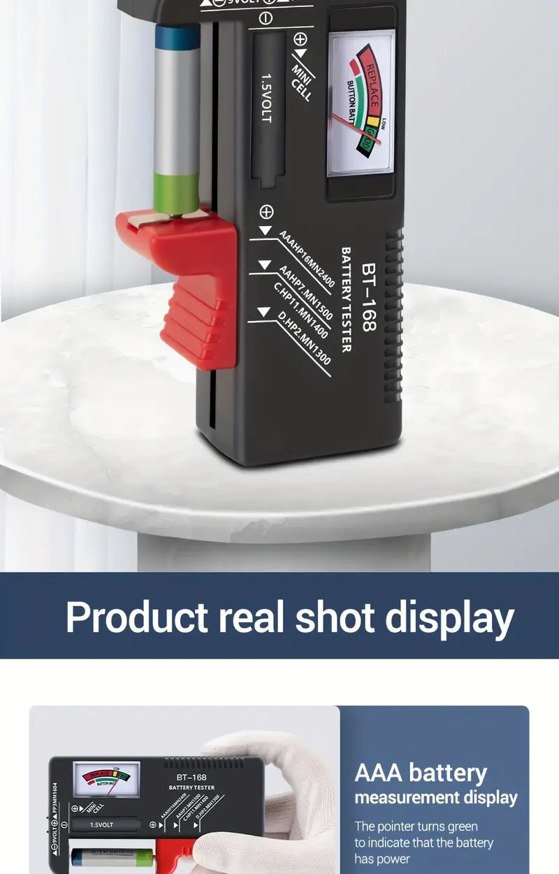   de batterie lithium numérique   an-168 pro - vérificateur de   9v/1.5v avec affichage facile à lire pour piles aa, aaa, c, d, 9v - abs durable, test rapide et précis, pas dalimentation requise, vérificateur détat de santé de la batterie|  daffichage numérique|matériau abs durable Détails du produit 6