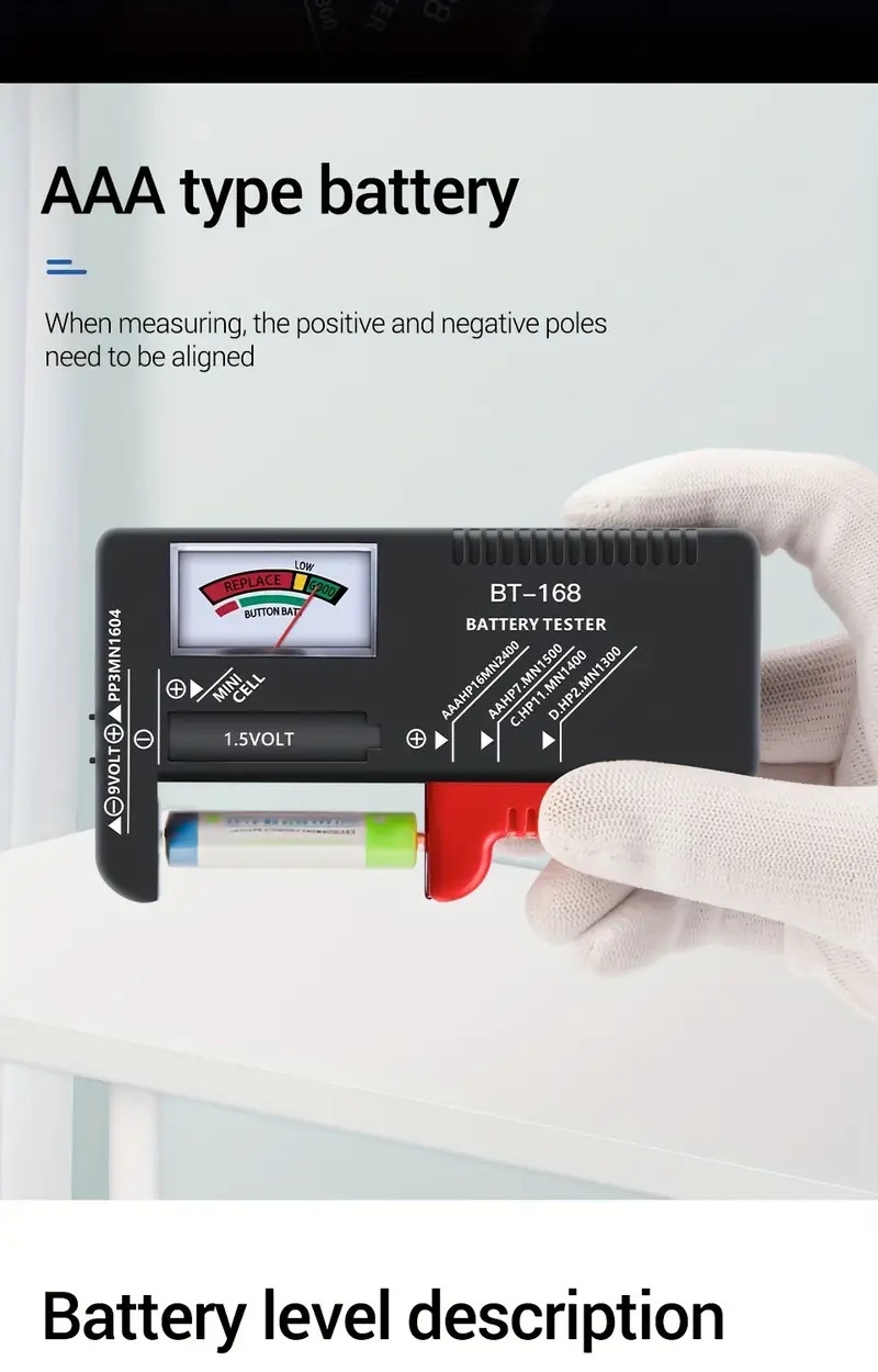   de batterie lithium numérique   an-168 pro - vérificateur de   9v/1.5v avec affichage facile à lire pour piles aa, aaa, c, d, 9v - abs durable, test rapide et précis, pas dalimentation requise, vérificateur détat de santé de la batterie|  daffichage numérique|matériau abs durable Détails du produit 4