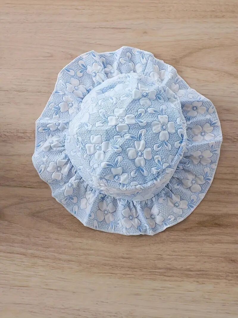 tenue 2 pièces en jacquard floral pour bébé fille, haut court à manches bouffantes + short + chapeau, tenue tendance pour lextérieur en été détails 6