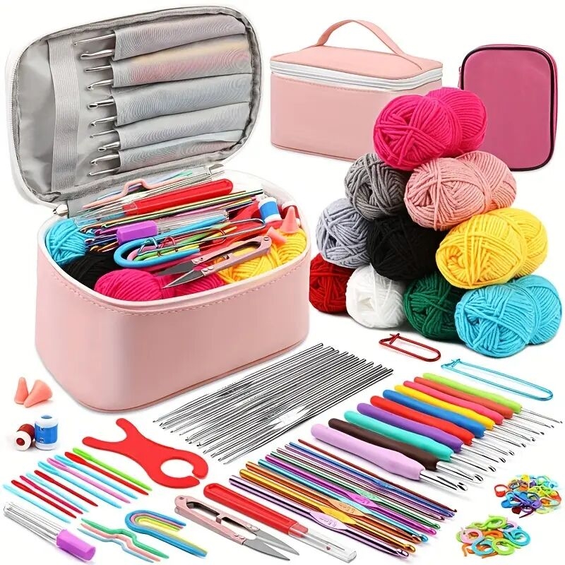 kit de crochet complet de 129 pièces avec fil, crochets, aiguilles & accessoires - inclut sac de rangement pour débutants, couleurs assorties détails 1