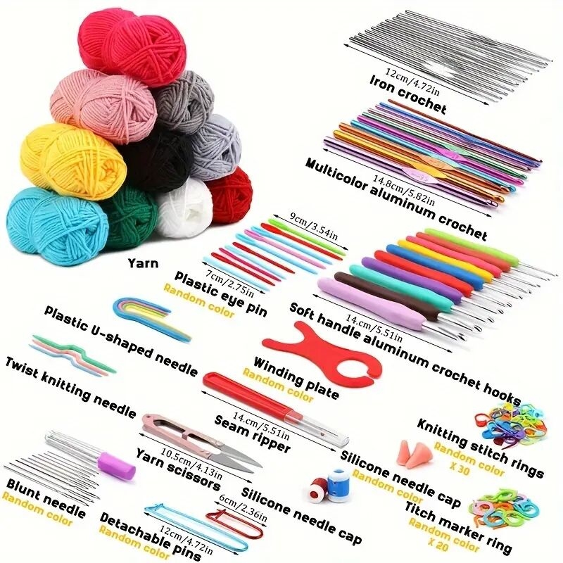 kit de crochet complet de 129 pièces avec fil, crochets, aiguilles & accessoires - inclut sac de rangement pour débutants, couleurs assorties détails 0