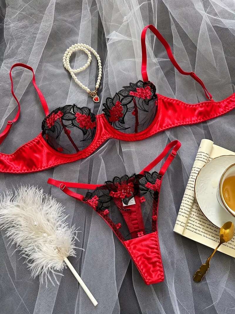 womens sexy lingerie set floral embroidered mesh knit fabric 95 polyester 5 elastane 90gsm two piece set for adults details 0