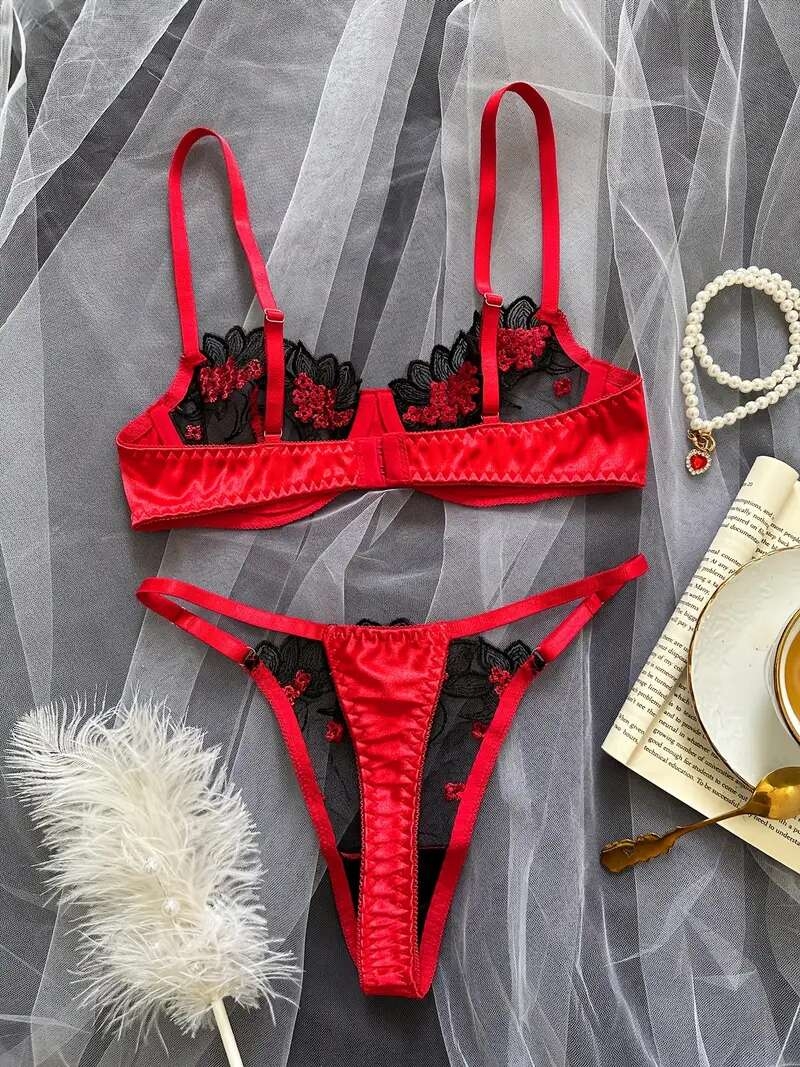 womens sexy lingerie set floral embroidered mesh knit fabric 95 polyester 5 elastane 90gsm two piece set for adults details 1