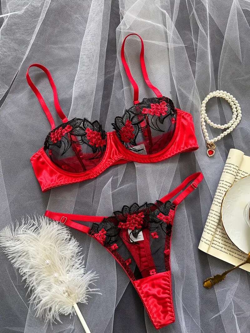 womens sexy lingerie set floral embroidered mesh knit fabric 95 polyester 5 elastane 90gsm two piece set for adults details 2