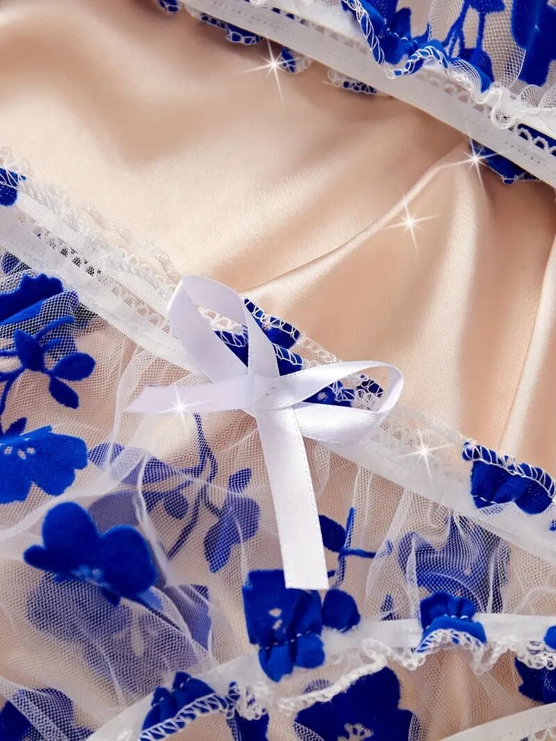 ensemble de lingerie élégant à imprimé floral bleu pour femme, soutien-gorge sexy à nœud papillon et culotte taille basse, nylon respirant et élasthanne, imprimé floral, culotte 3