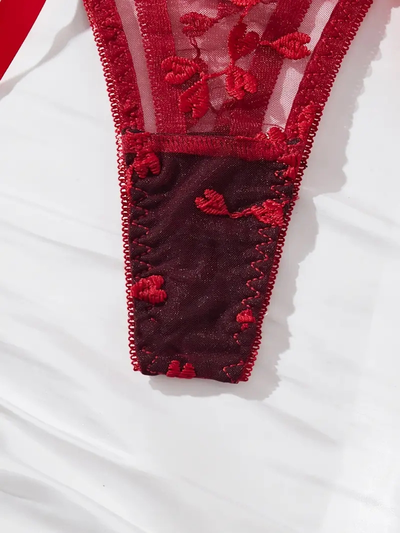 1 ensemble de lingerie rouge pour femmes, 95% polyester 5% élastan, détail de nœud de couleur , tissu tricoté, vêtements pour adultes Détails du produit 10