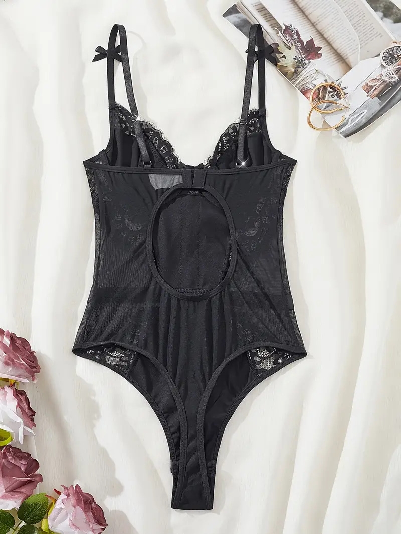 body sexy femme en dentelle noire à fermeture éclair - corset   nu avec bretelles réglables et détail zip, lingerie une pièce pour occasions  , lavage à  , style élégant, coupe ajustée, tenue  , pour événements spéciaux Détails du produit 5