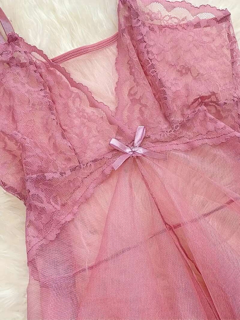 robe slip   en   transparente avec détails en dentelle - ensemble de nuit sexy à volants pour femmes, inclut un string  ,   de polyester respirant 2