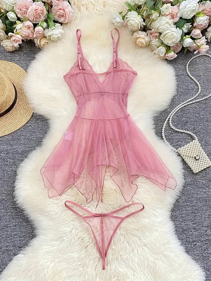 robe slip   en   transparente avec détails en dentelle - ensemble de nuit sexy à volants pour femmes, inclut un string  ,   de polyester respirant 1